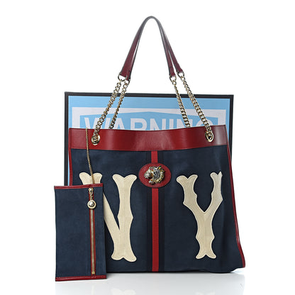 Gucci X MLB Suede Calfskin NY Yankees Large Rajah Chain Tote New Blue Romantic Cherry 12 of 12