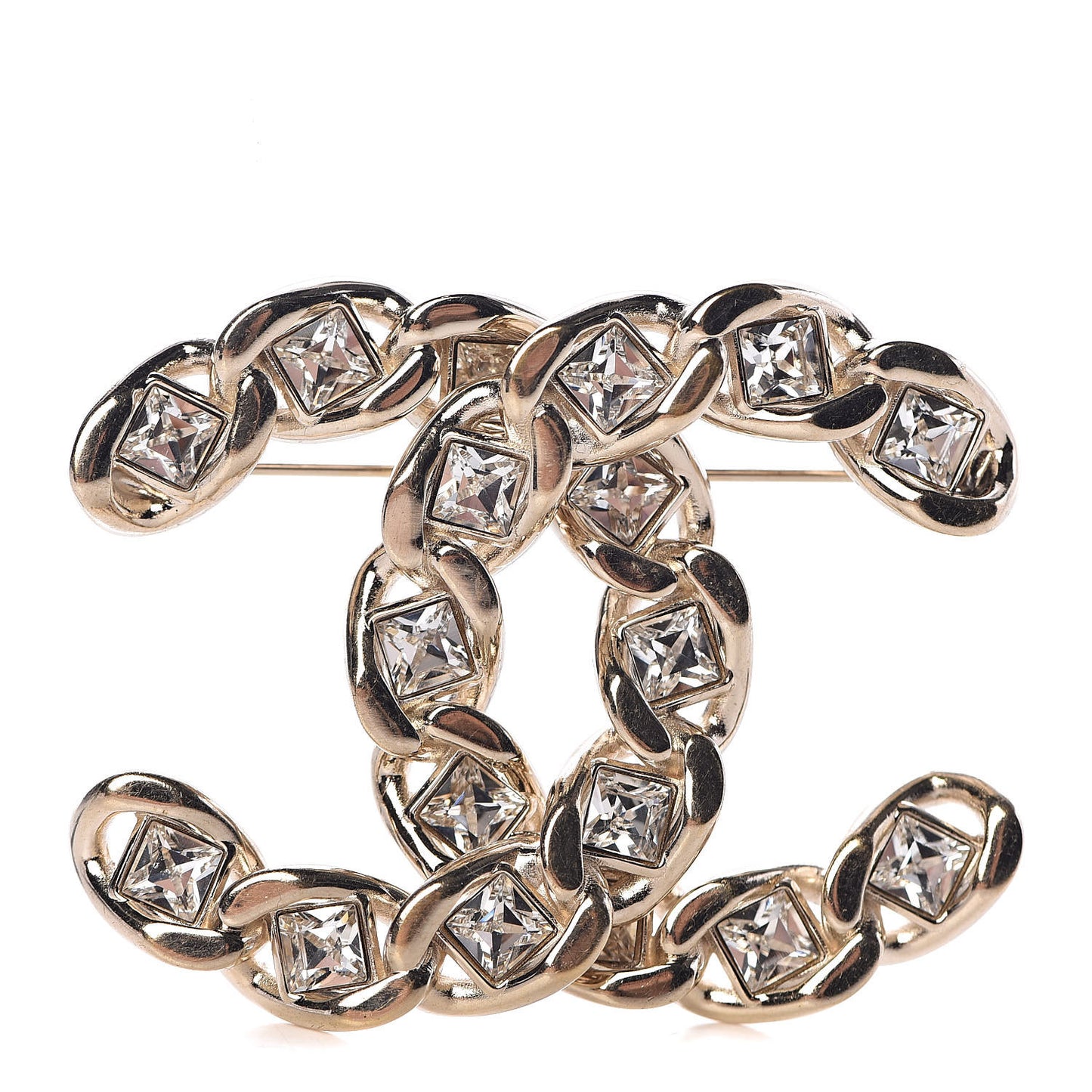 Crystal Chain CC Brooch Gold