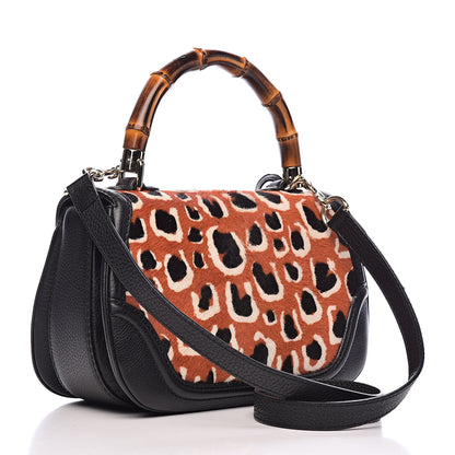 Gucci Calf Hair Leopard Print Medium New Bamboo Top Handle Bag Red 3 of 11