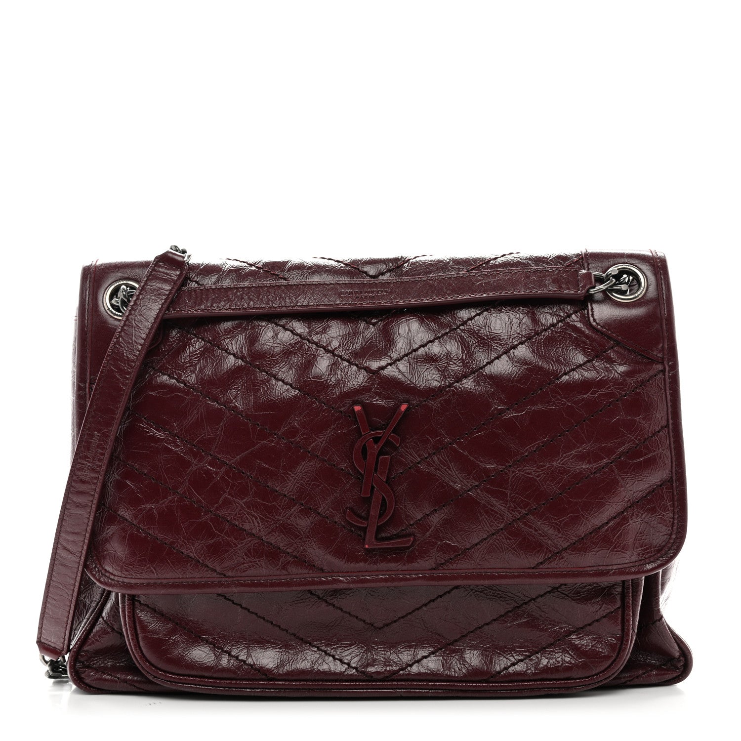 Saint Laurent Crinkled Calfskin Matelasse Monogram Large Niki Chain Satchel Rouge Legion 1 of 12