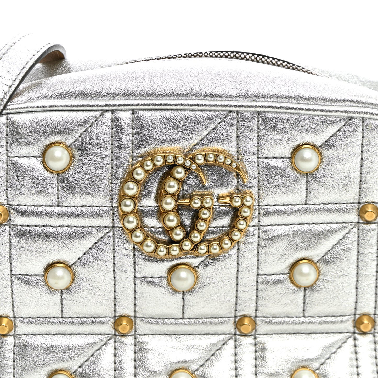 Metallic Calfskin Matelasse Studded Small Pearly GG Marmont Chain Shoulder Bag Silver