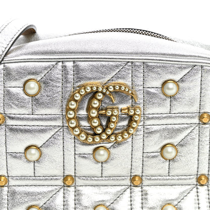 Gucci Metallic Calfskin Matelasse Studded Small Pearly GG Marmont Chain Shoulder Bag Silver 7 of 9