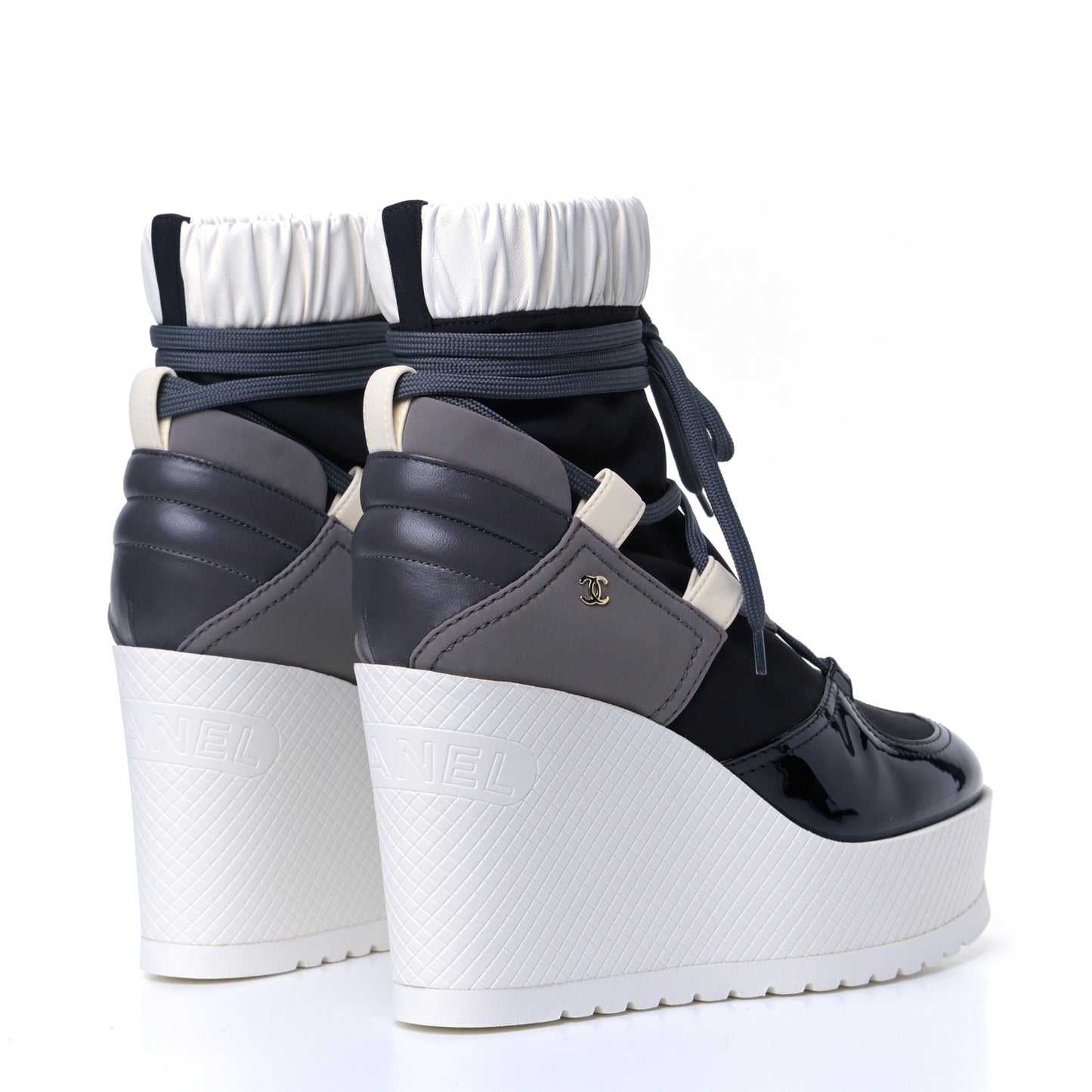 Patent Calfskin Runway Wedge Short Platform Boots 38 Grey White