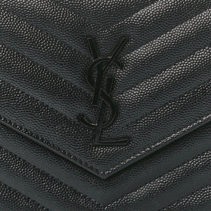 Saint Laurent Grain De Poudre Matelasse Chevron Monogram Monochrome Envelope Chain Wallet Black 8 of 12