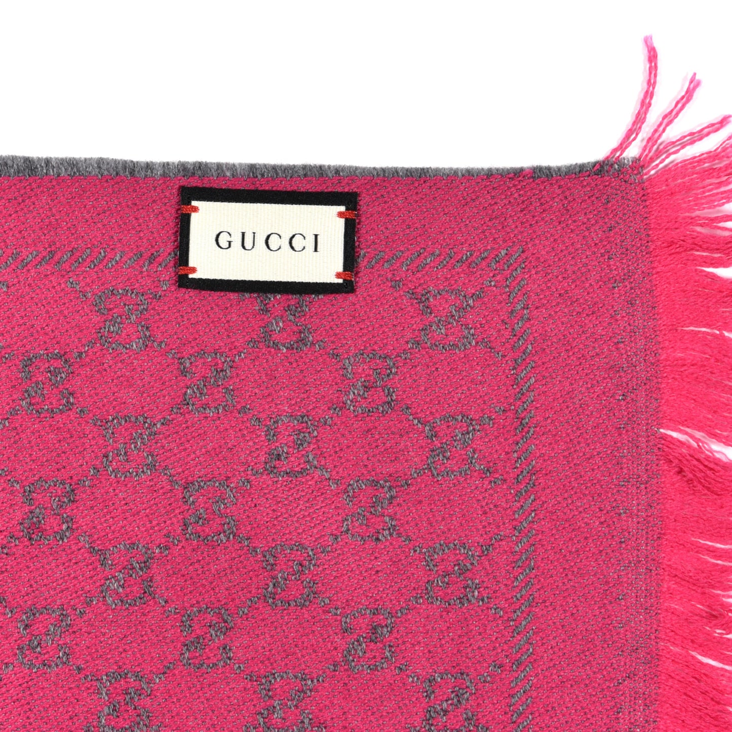 Wool GG Monogram Reversible New Sten Fringe Scarf Graphite Pink