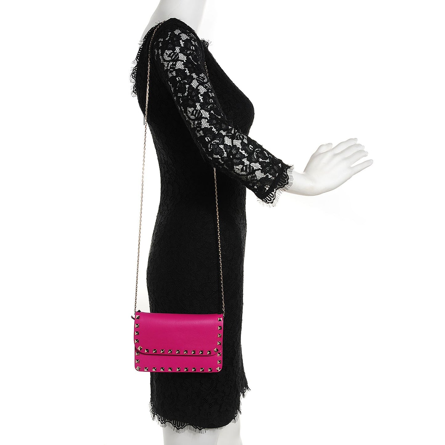 Vitello Rockstud Chain Flap Crossbody Bag Fuxia