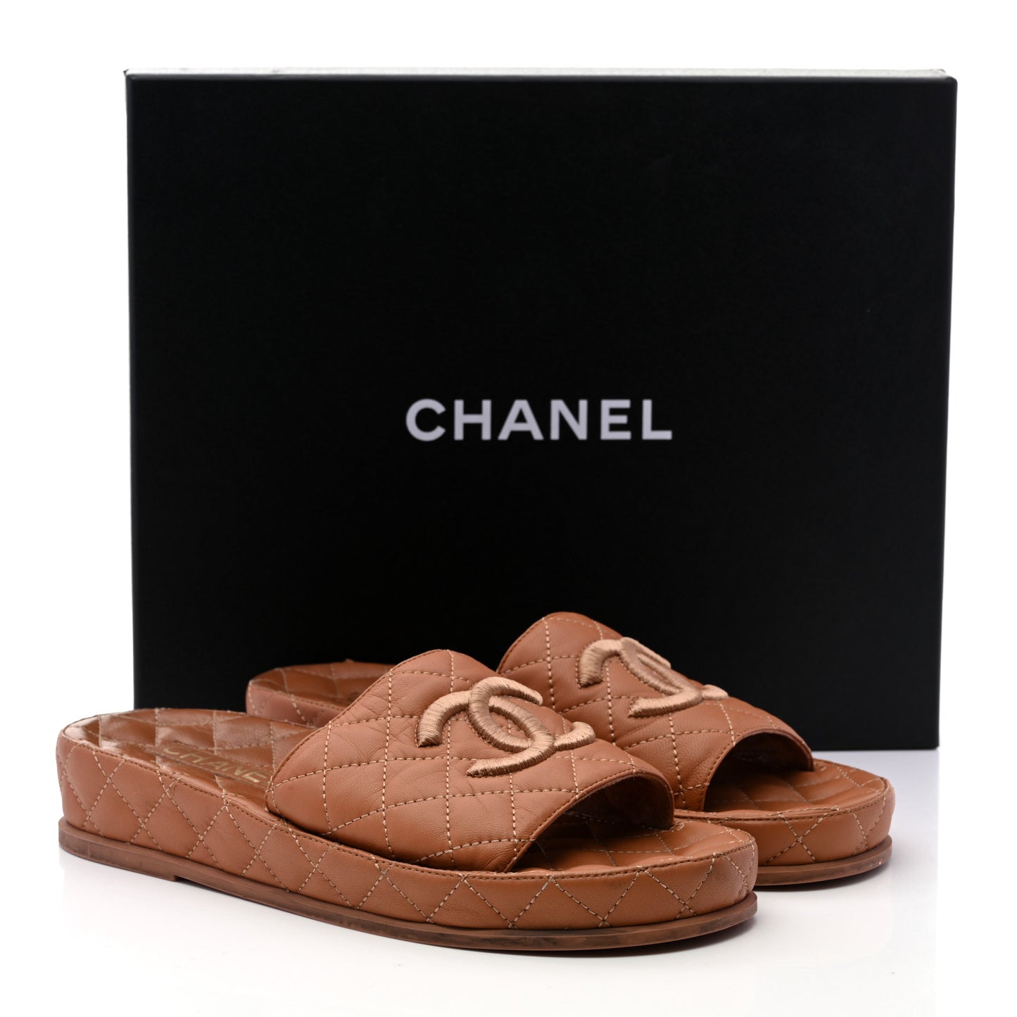 Lambskin Quilted CC Mules Sandals 38 Brown