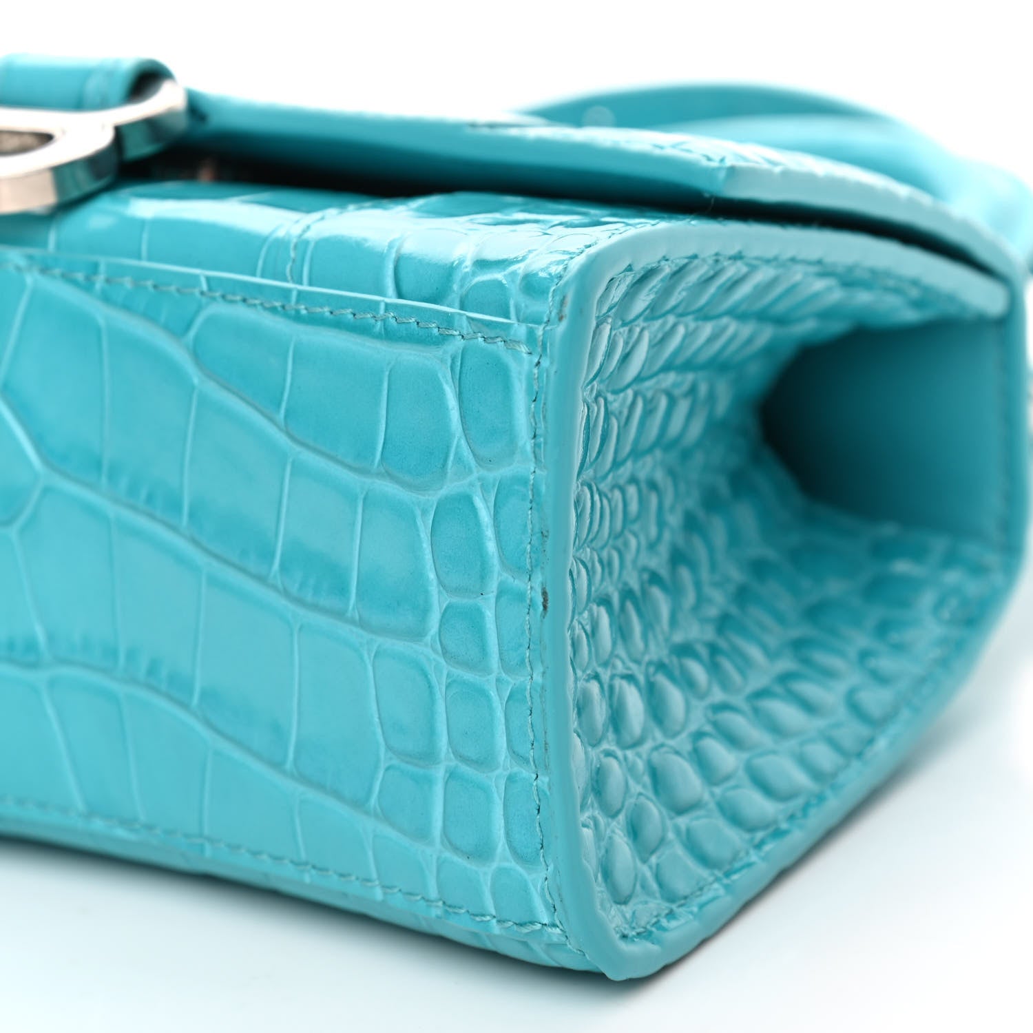 Balenciaga Shiny Calfskin Crocodile Embossed Hourglass Top Handle Bag XS Turquoise 10 of 11