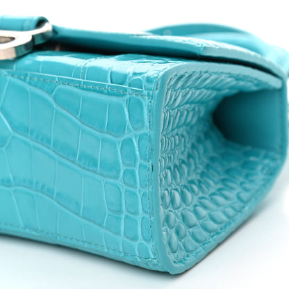 Balenciaga Shiny Calfskin Crocodile Embossed Hourglass Top Handle Bag XS Turquoise 10 of 11