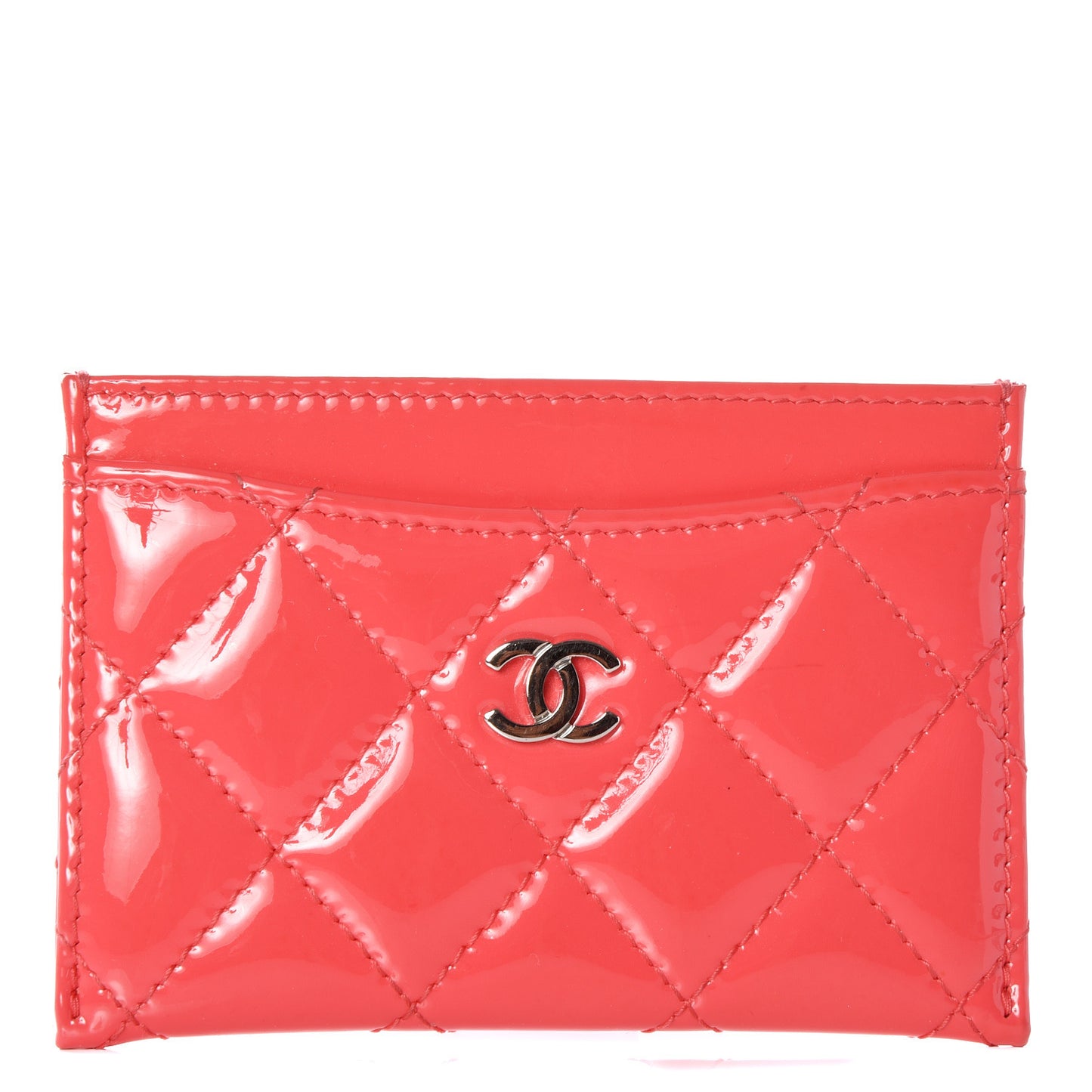 Patent Calfskin Quilted Card Holder Coral