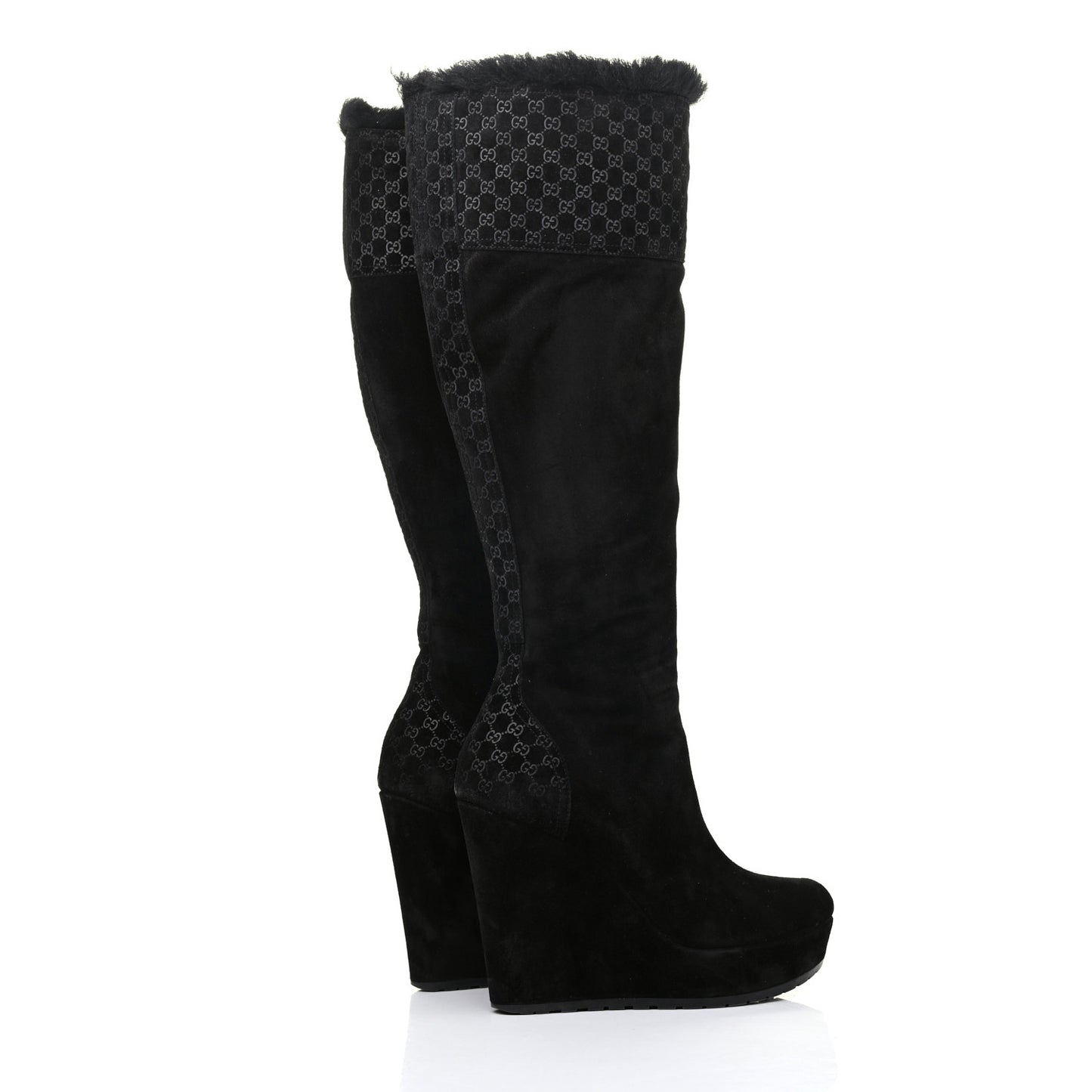 Suede Shearling Fur Microguccissima Courtney Tall Wedge Boots 36 Black