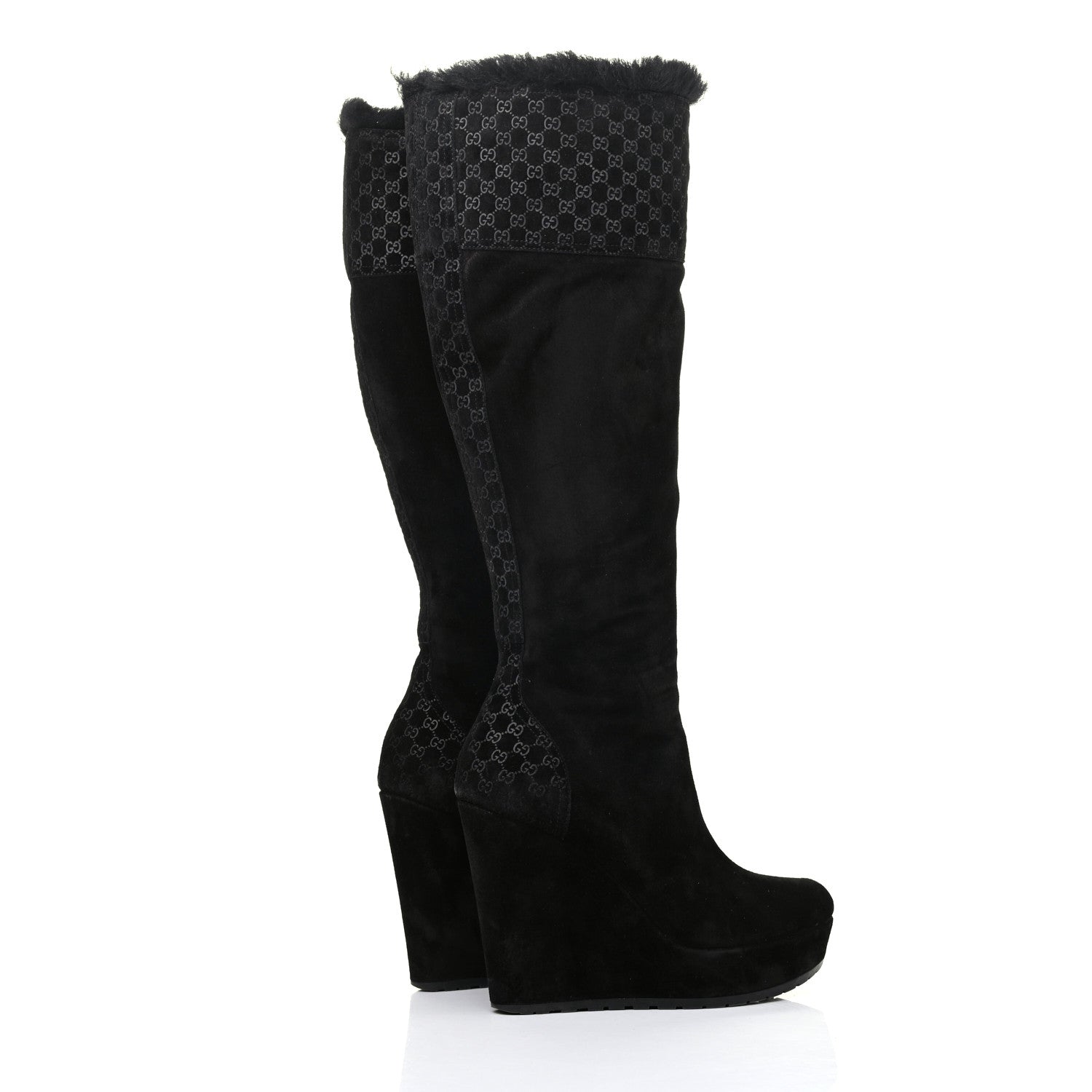 Gucci Suede Shearling Fur Microguccissima Courtney Tall Wedge Boots 36 Black 4 of 11