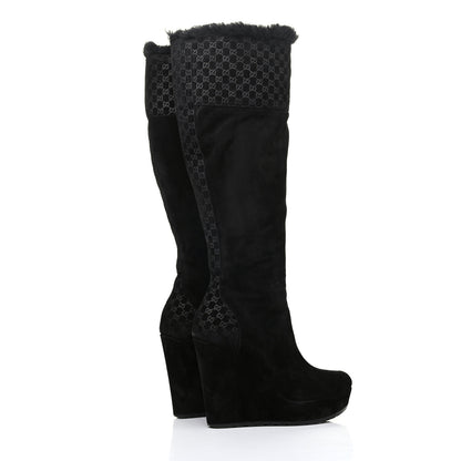 Gucci Suede Shearling Fur Microguccissima Courtney Tall Wedge Boots 36 Black 4 of 11
