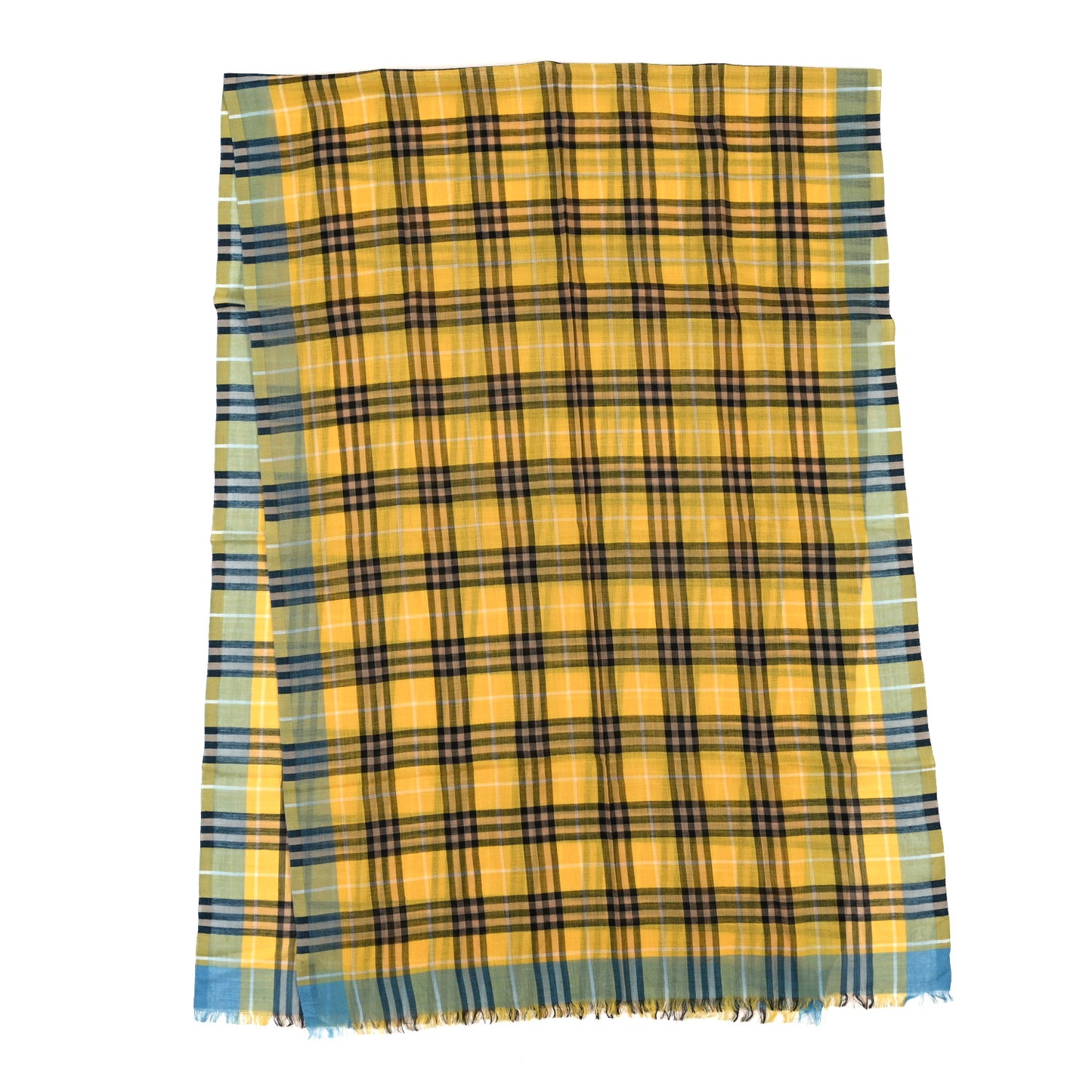 Wool Silk Gauze Check Scarf  Yellow Blue