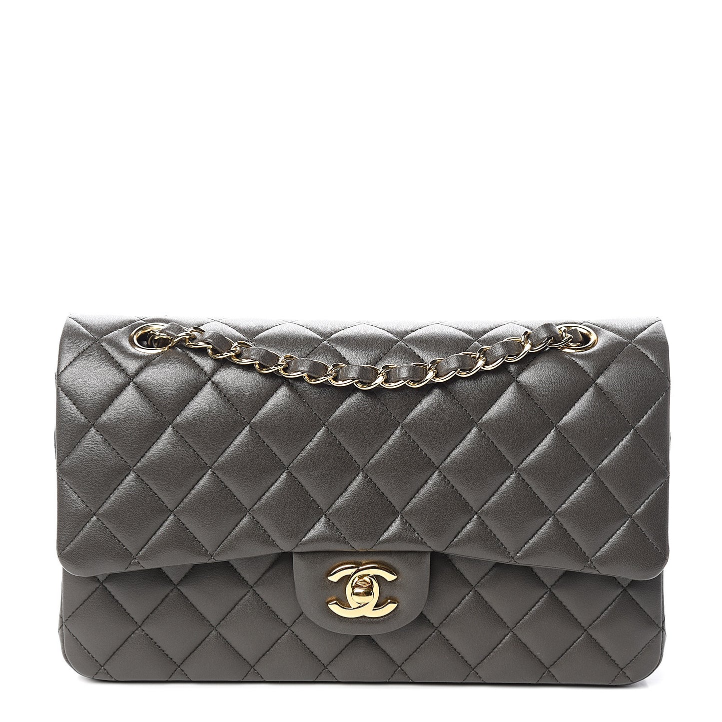 Lambskin Quilted Medium Double Flap Dark Grey