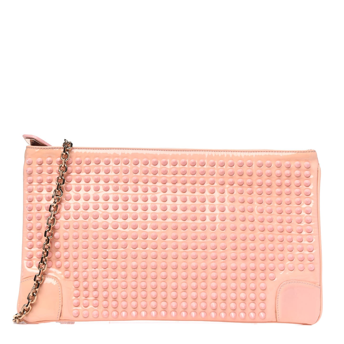 Patent Calfskin Studded Loubiposh Chain Clutch Light Pink
