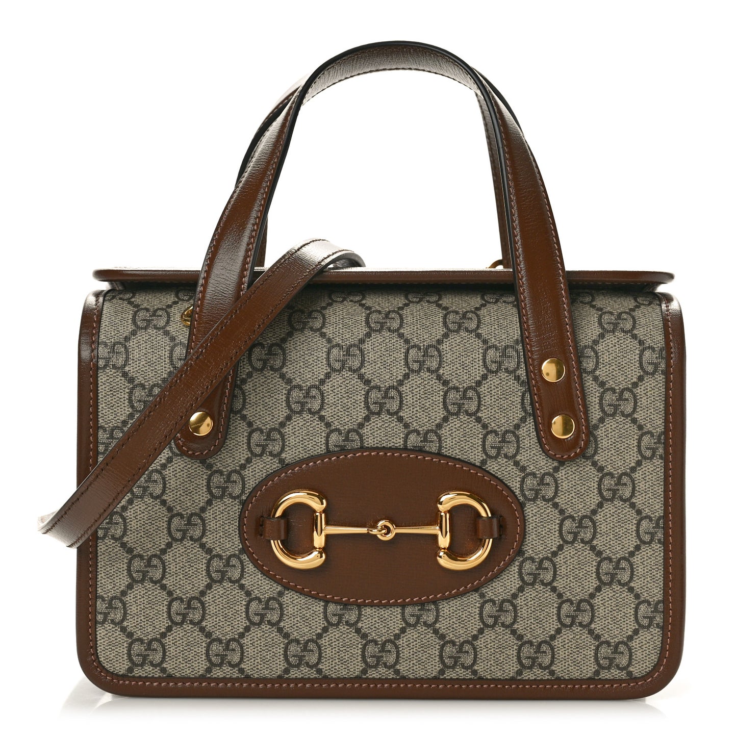 GG Supreme Monogram Azalea Calfskin Mini Horsebit 1955 Foldover Top Handle Bag Beige Ebony Brown Sugar