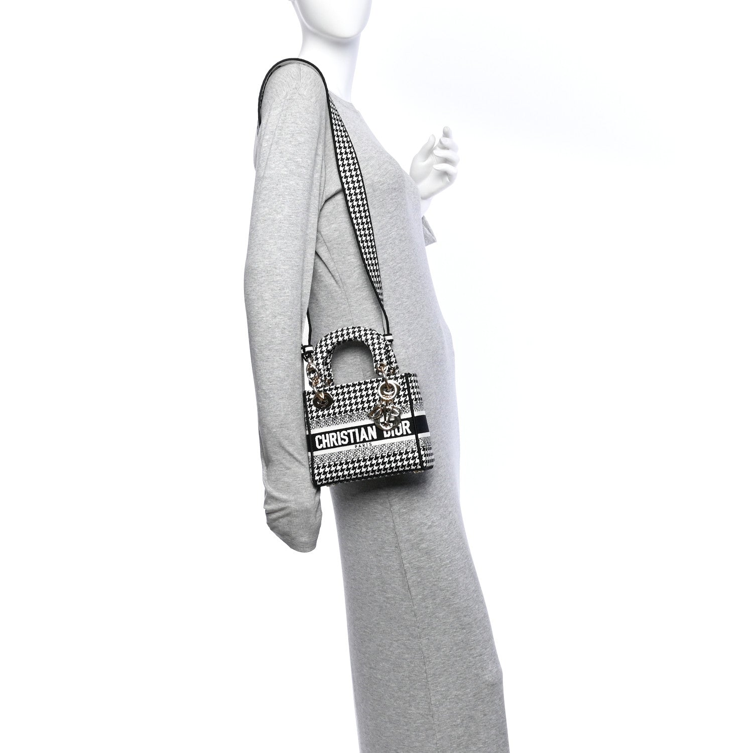 Christian Dior Canvas Houndstooth Embroidered Mini Lady D-Lite Black White 2 of 10