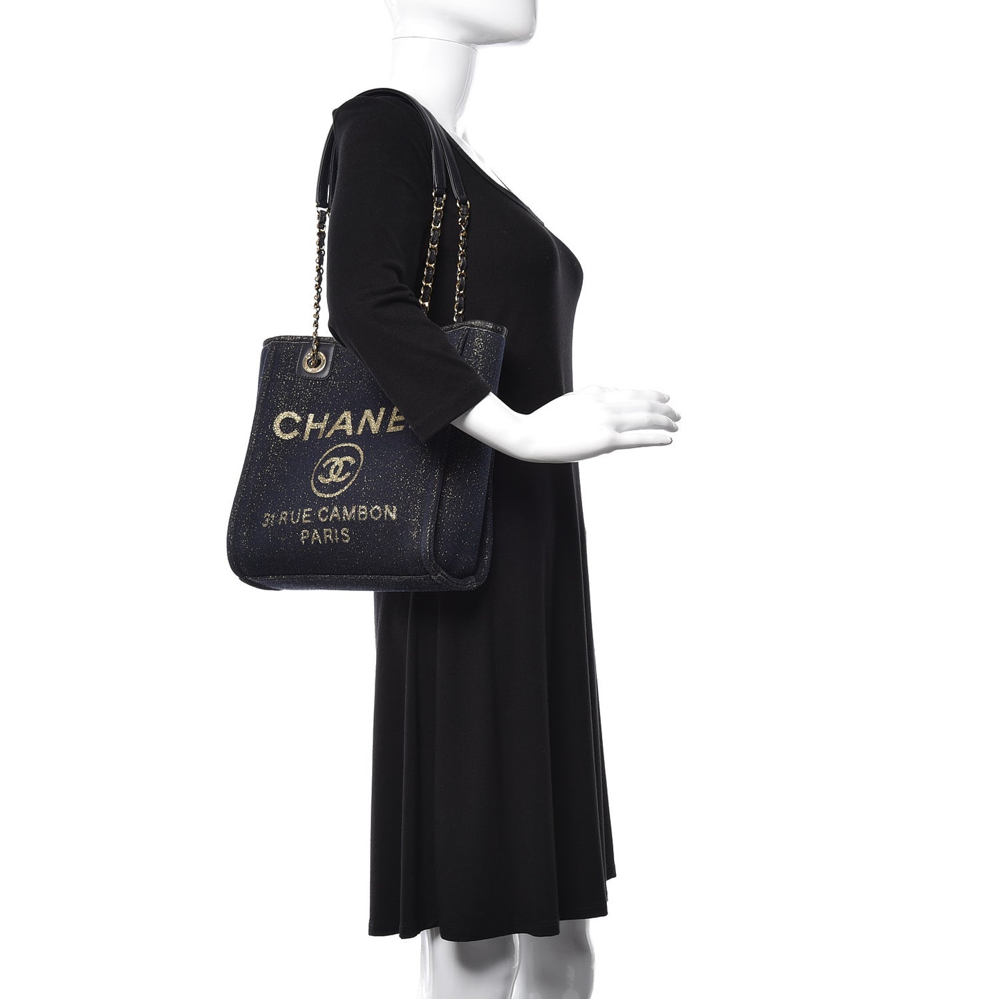 Lurex Canvas Mini Deauville Tote Navy Blue Gold