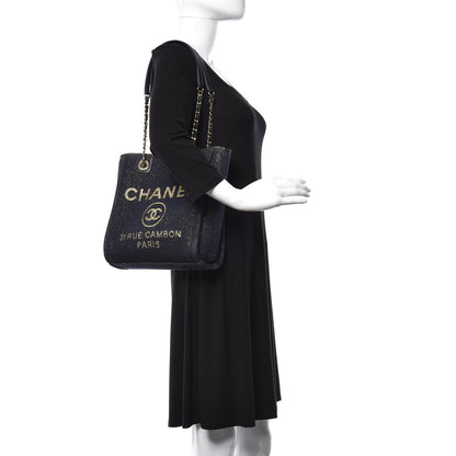 Chanel Lurex Canvas Mini Deauville Tote Navy Blue Gold 2 of 11