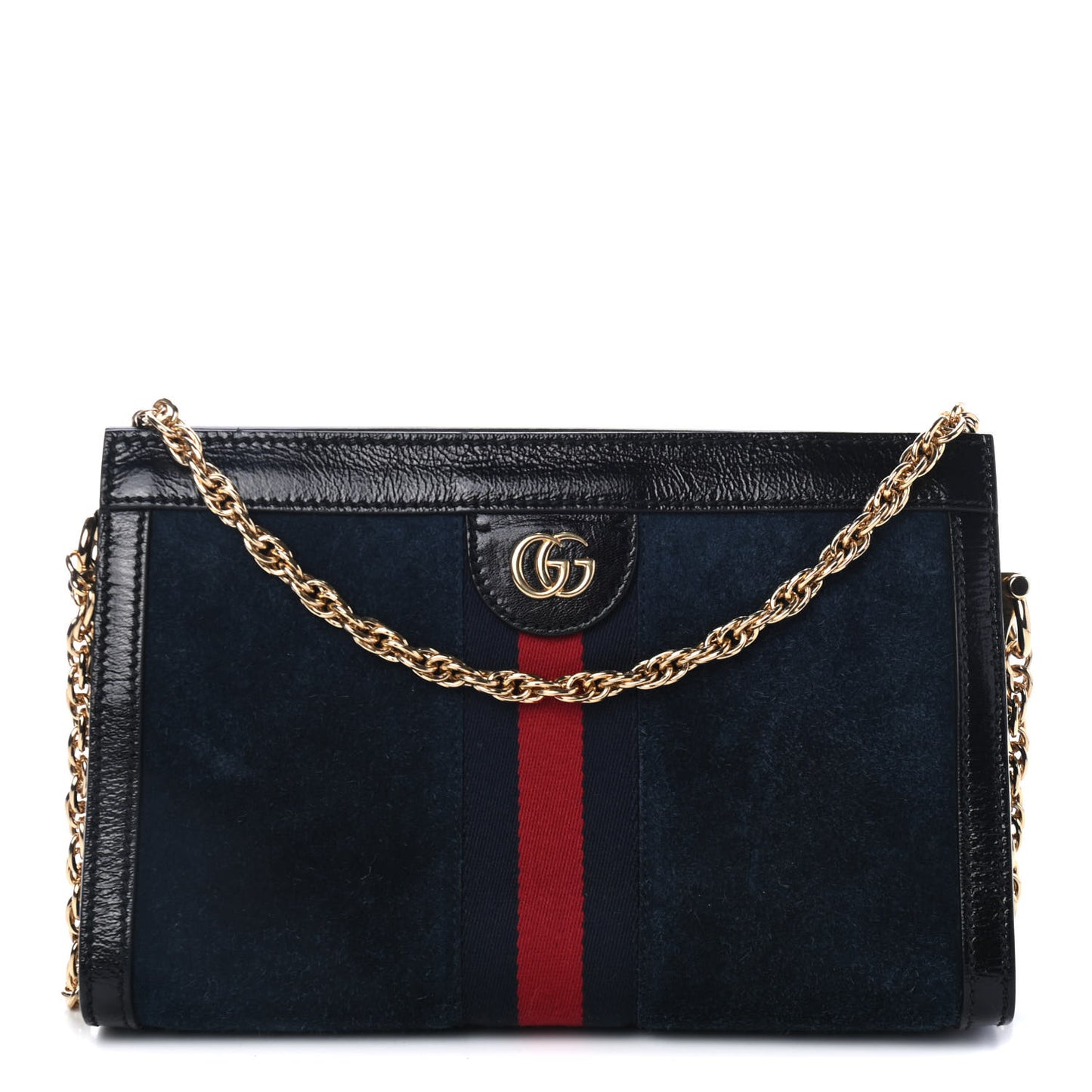 Suede Patent Web Small Ophidia Chain Shoulder Bag Blue Black