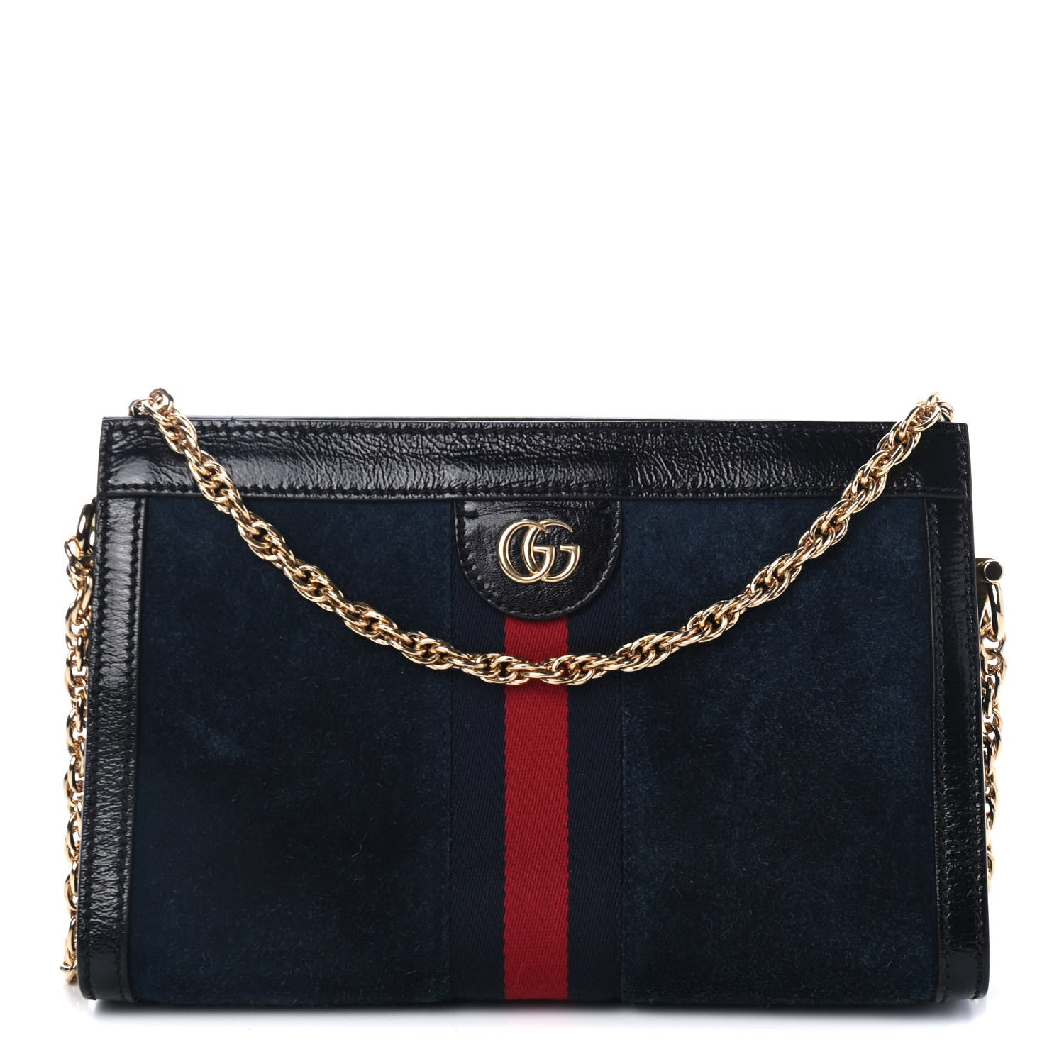 Gucci Suede Patent Web Small Ophidia Chain Shoulder Bag Blue Black 1 of 4