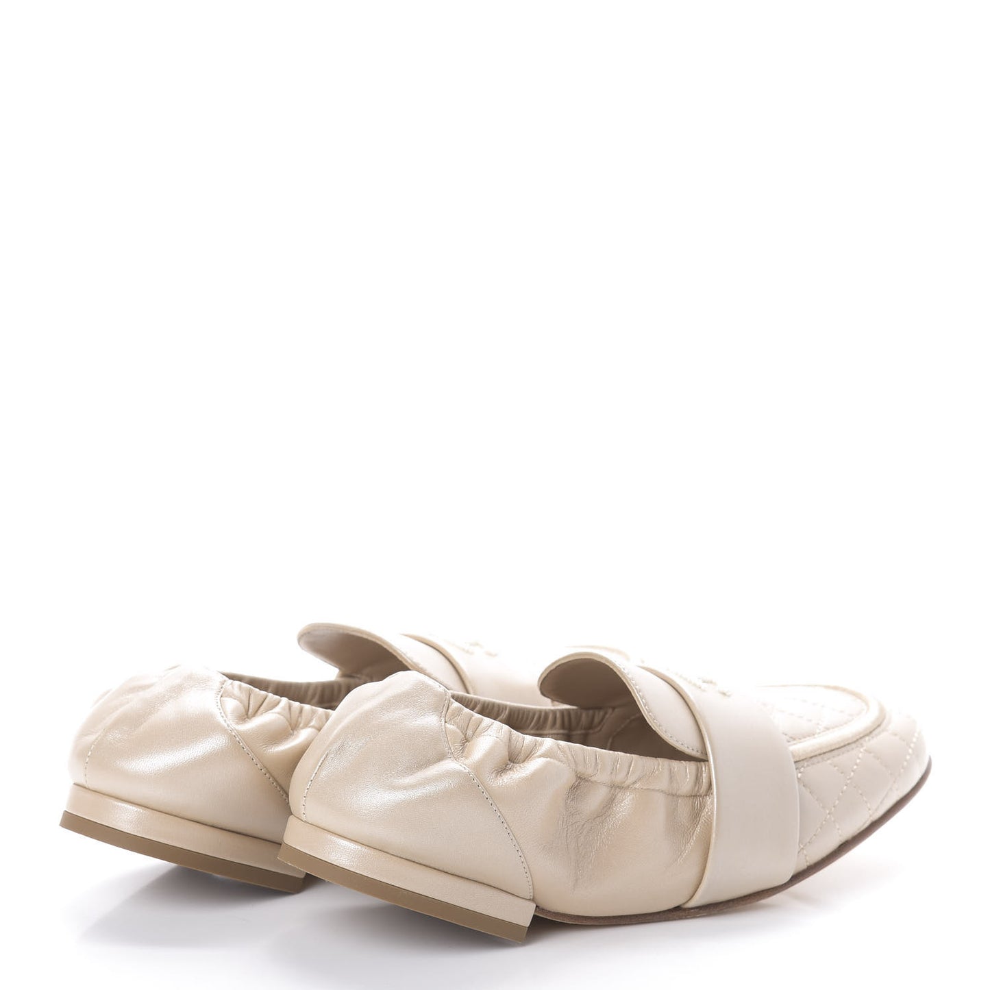 Laminated Lambskin Womens Quilted Elastic CC Moccasin Loafers 36 Beige