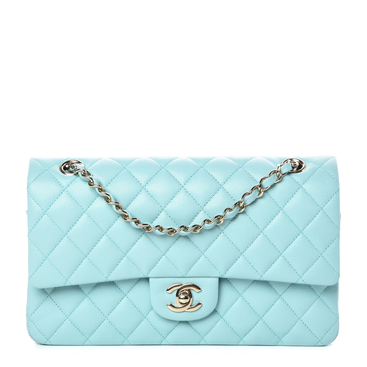 Caviar Quilted Medium Double Flap Light Blue