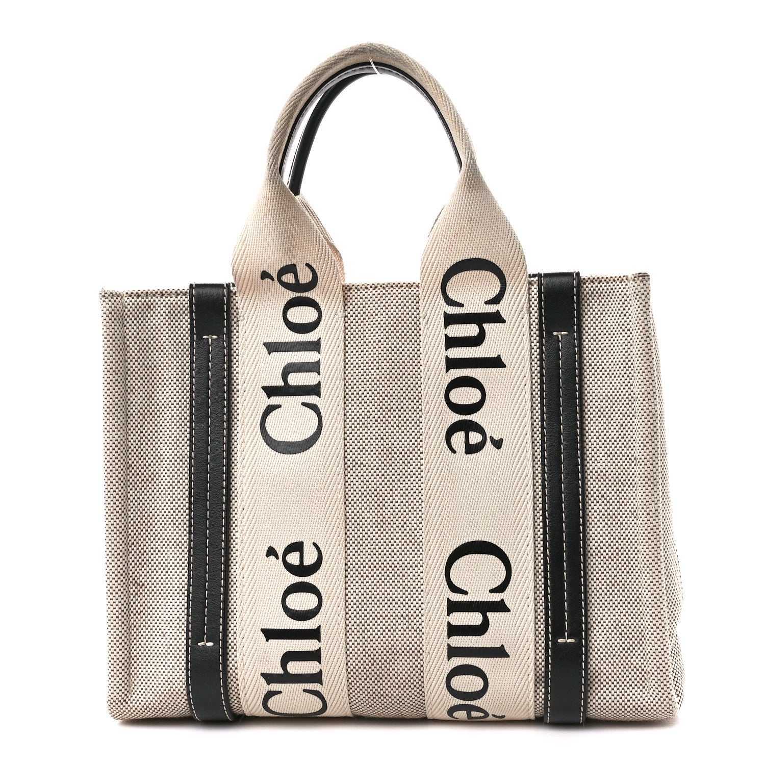 Chloe Cotton Calfskin Small Woody Ribbon Tote With Strap White Navy 1 of 11