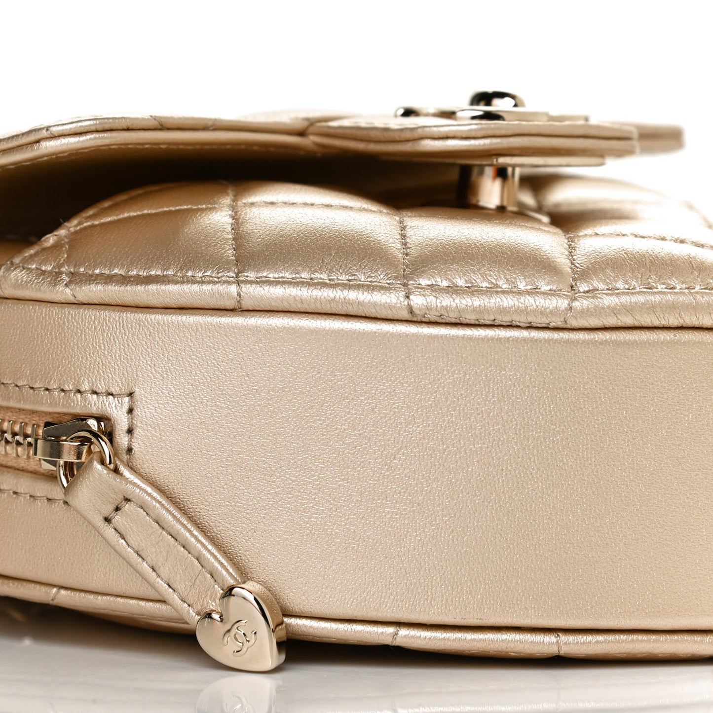 Metallic Lambskin Quilted CC In Love Heart Clutch With Chain Gold