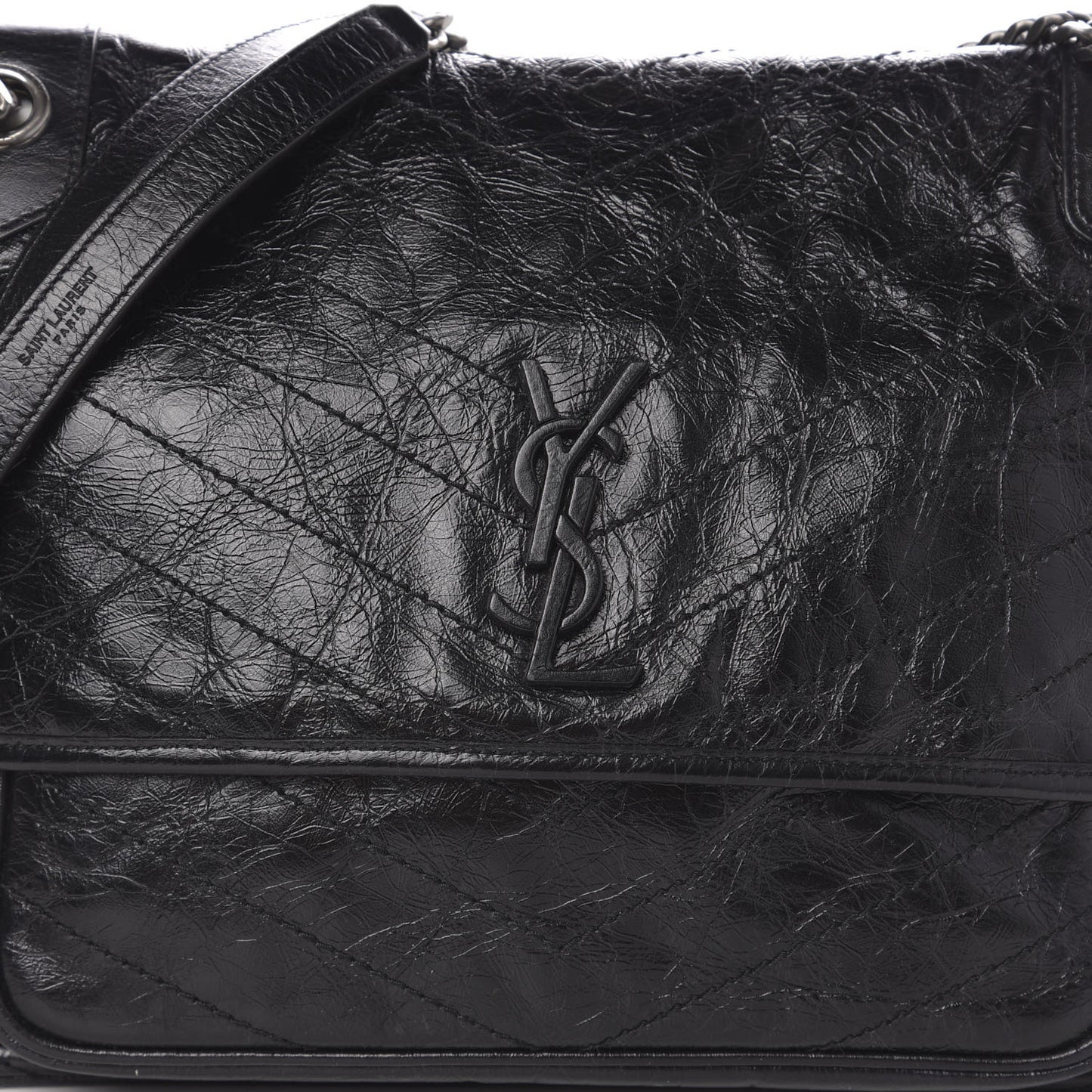 Crinkled Calfskin Matelasse Monogram Large Niki Chain Satchel Black