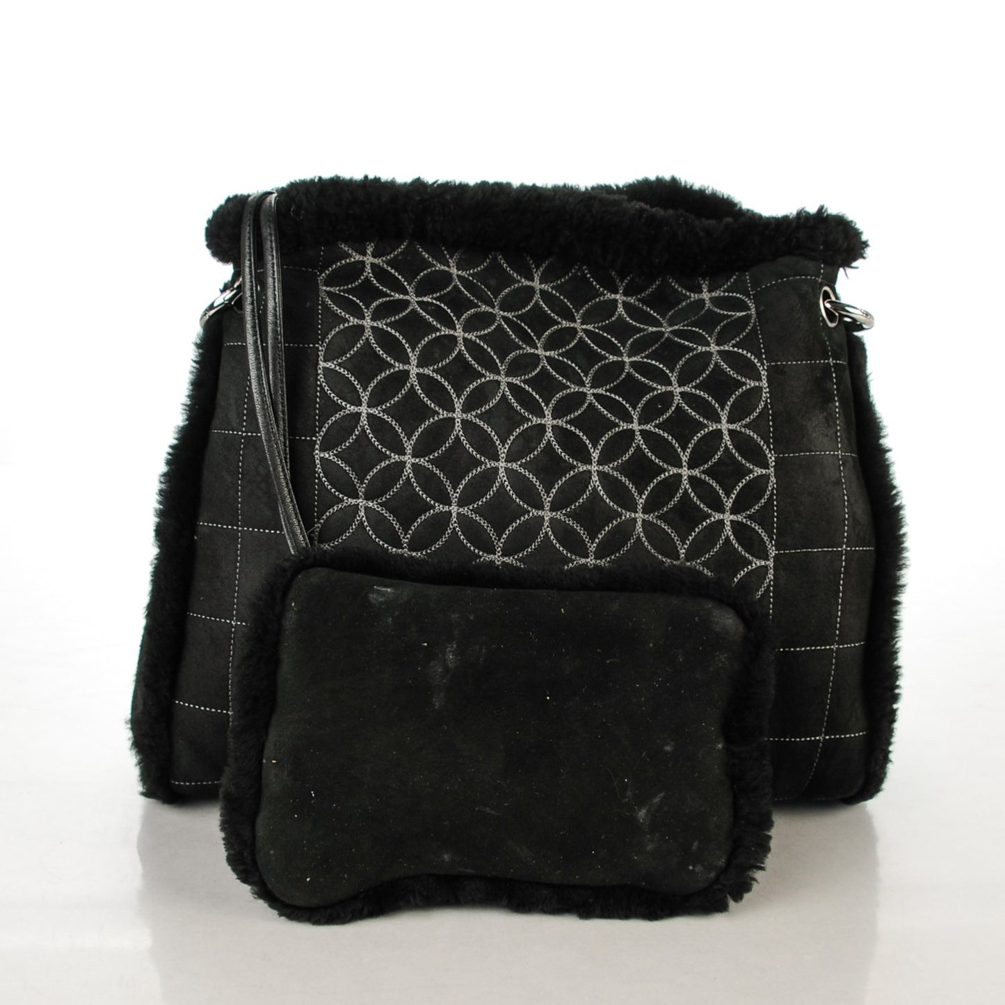 Suede Sherpa Shoulder Bag with Cosmetic Pouch Black