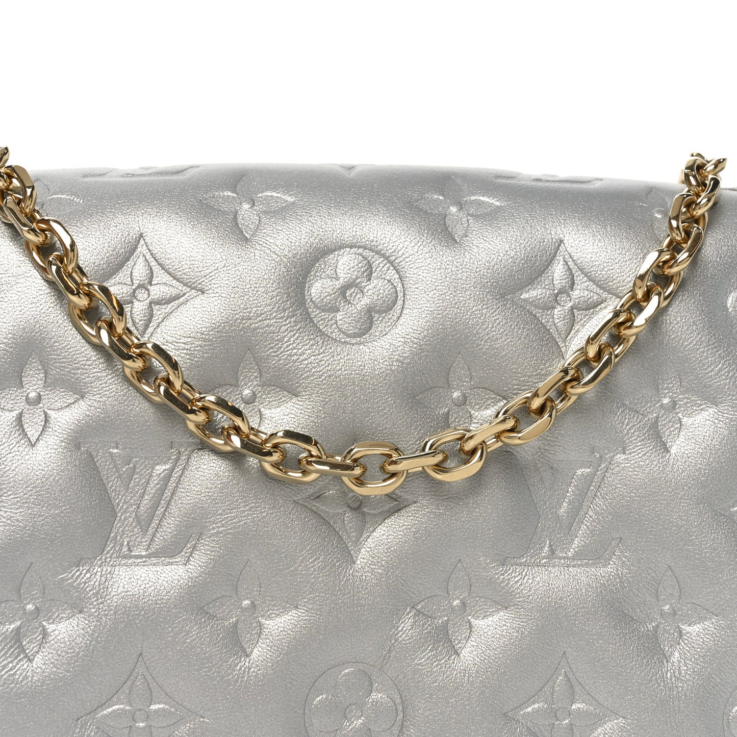 Metallic Lambskin Embossed Monogram Pochette Coussin Silver