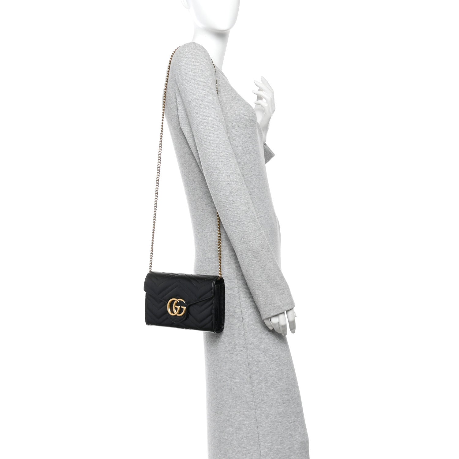Gucci Calfskin Matelasse GG Marmont Chain Wallet Black 2 of 11