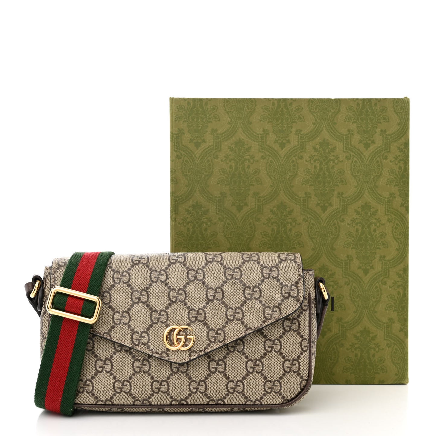 GG Supreme Monogram Textured Dollar Calfskin Web Mini Ophidia Envelope Shoulder Bag Beige Ebony