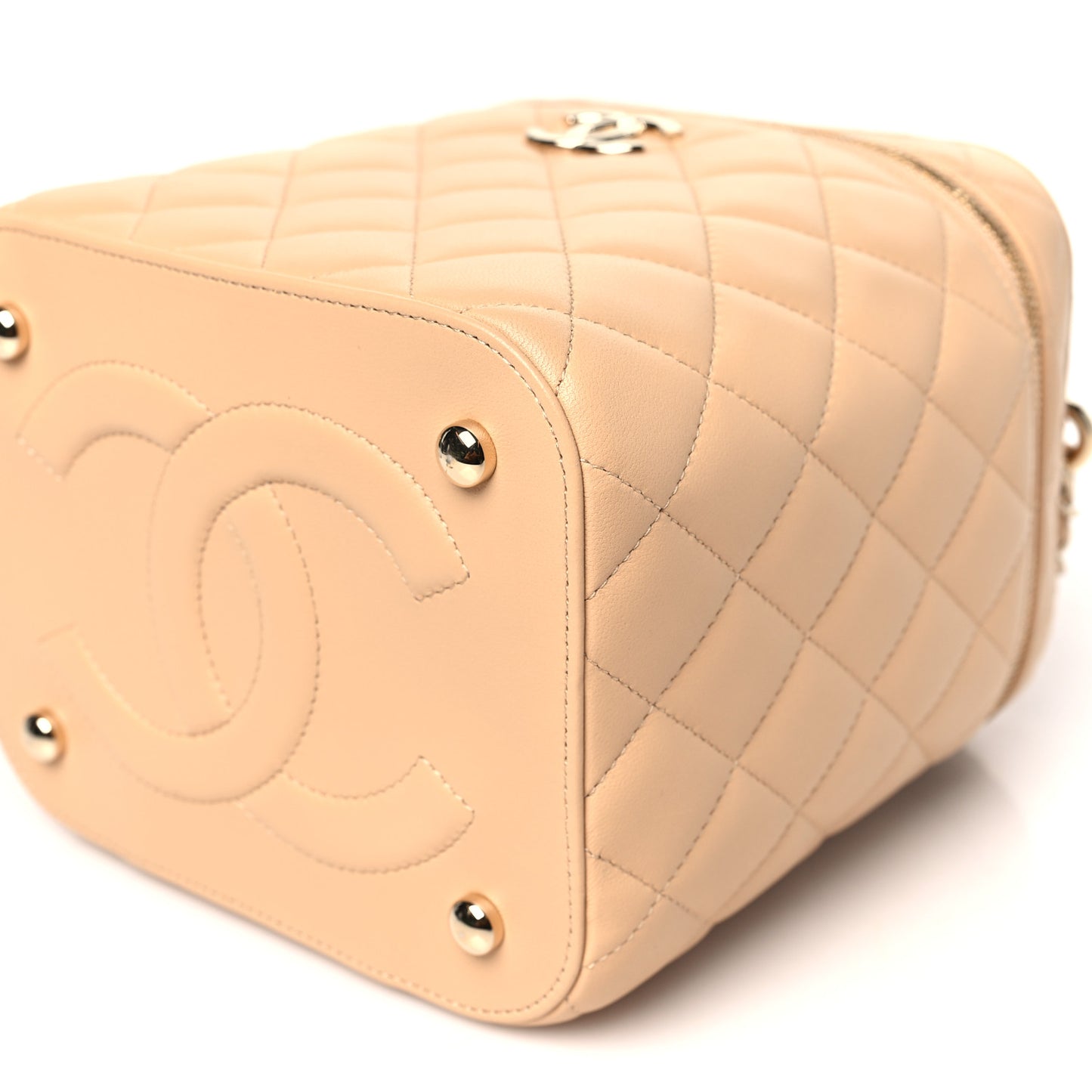 Lambskin Quilted Small Top Handle Vanity Case With Chain Beige