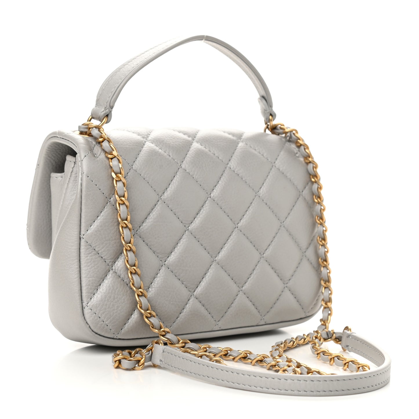 Calfskin Quilted Top Handle Flap Light Grey