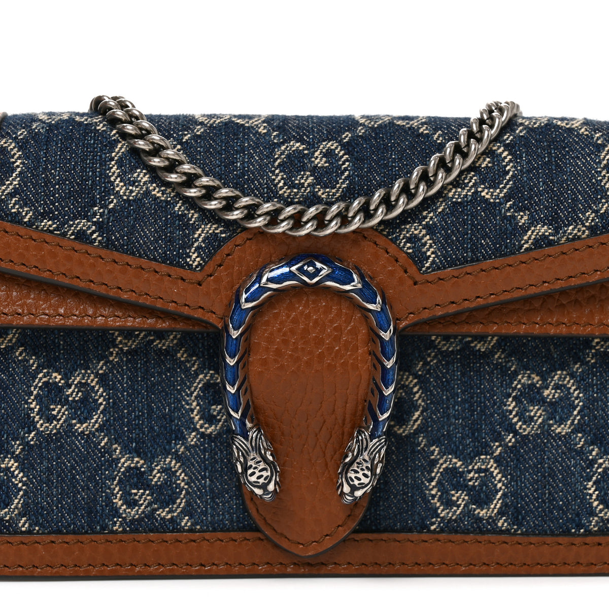 New Denim GG Monogram Dollar Calfskin Enamel Super Mini Dionysus Shoulder Bag Blue Tea Cuir Epilog Electric Blue