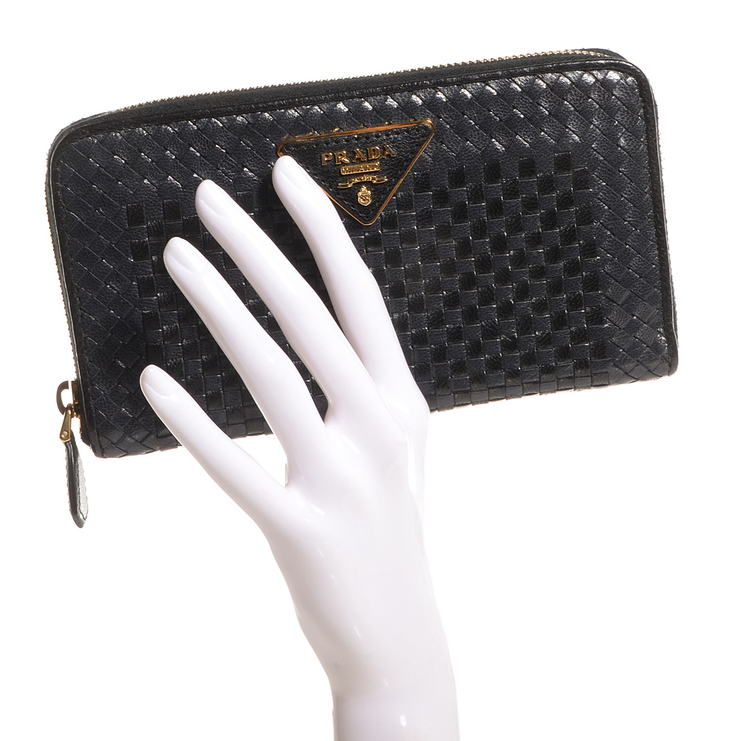 Prada Goatskin Woven Zip Around Wallet Black 2 of 8