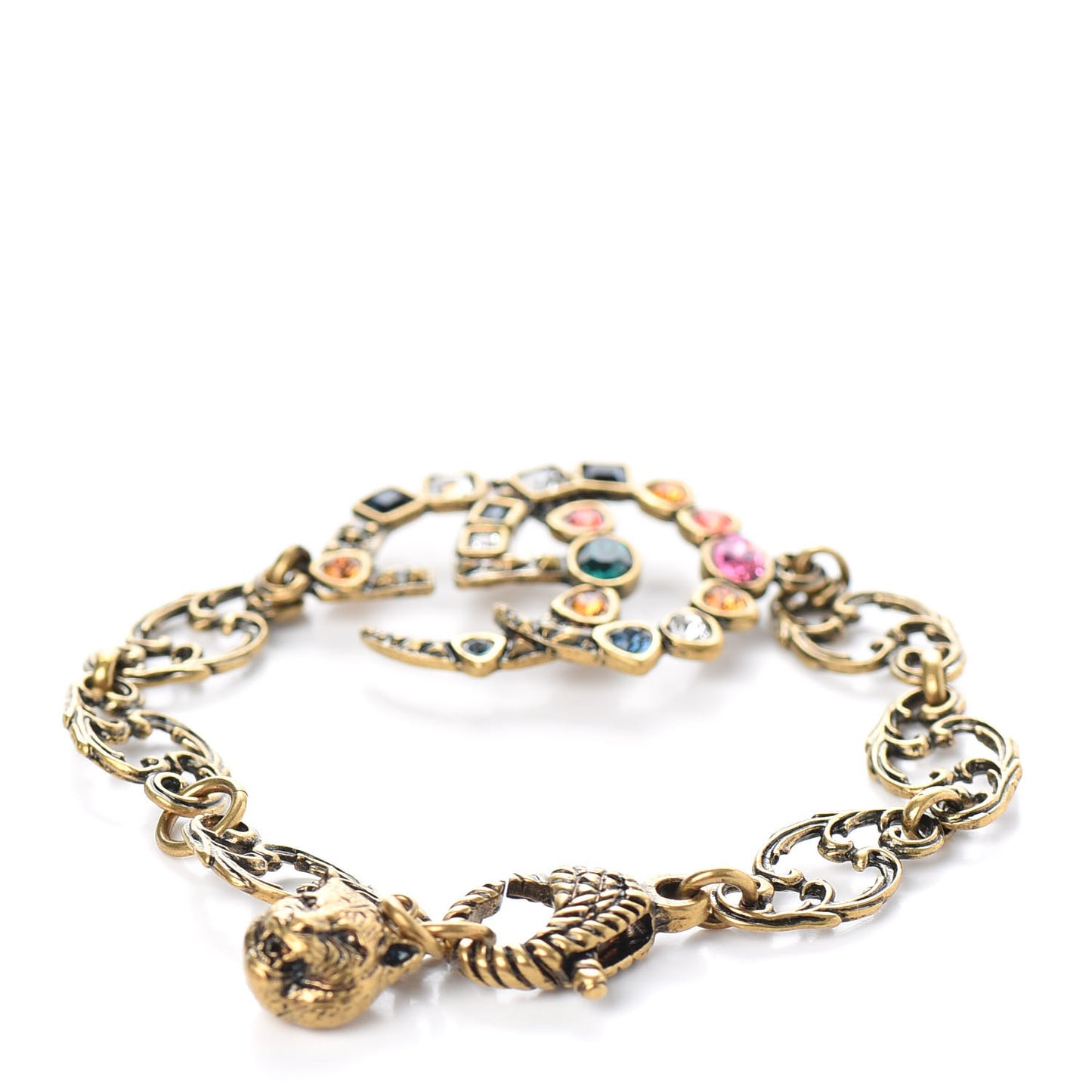 Oxidized Metal Crystal Double G Bracelet Aged Gold Multicolor