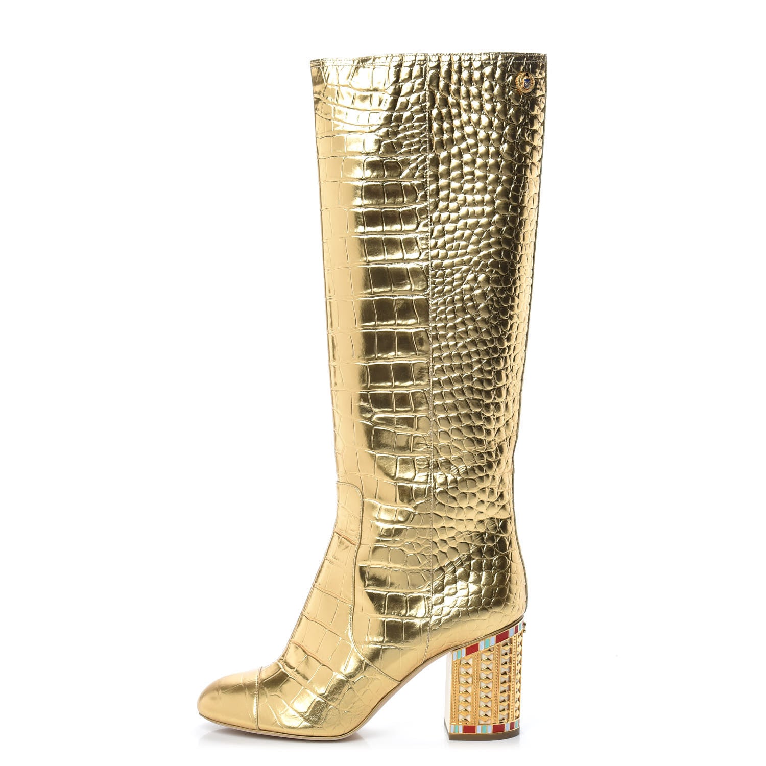 Chanel Calfskin Crocodile Embossed Cap Toe High Boots 41 Gold 1 of 8