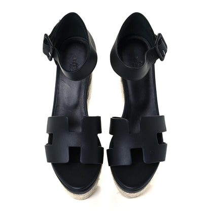 Hermes Calfskin Doll 60 Espadrille Wedge Sandals 37 Black 5 of 10