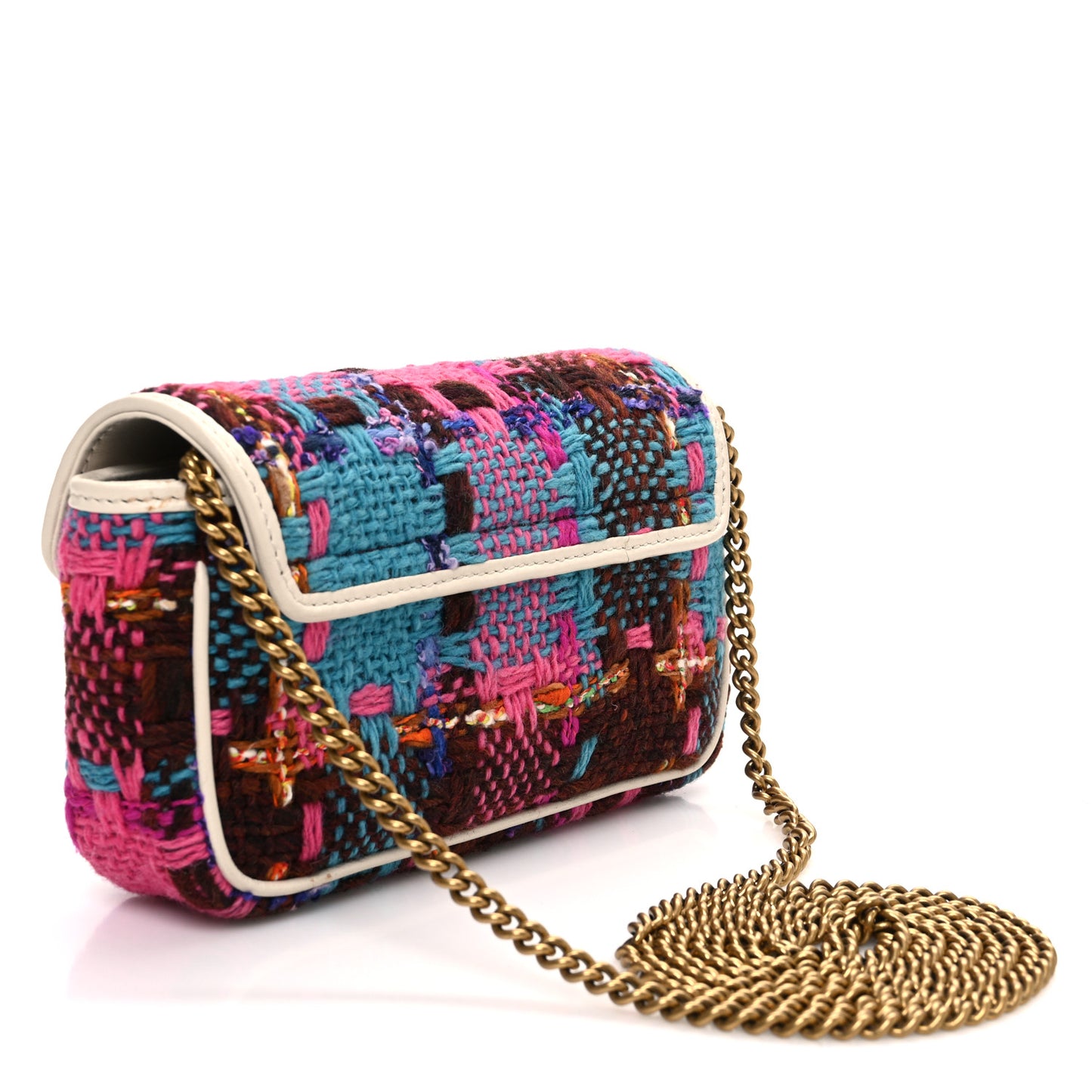 Tweed Calfskin Spicy Check Super Mini GG Marmont Shoulder Bag Pink Multicolor Mystic White