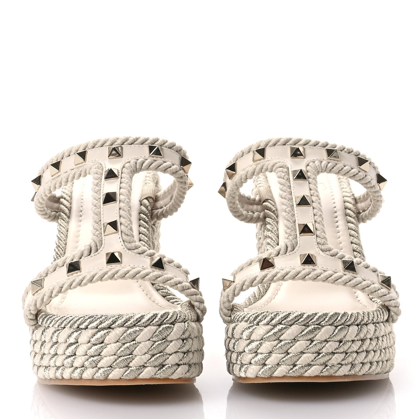 Calfskin Rockstud Torchon Espadrille Caged 25/95mm Wedge Sandals 38 Light Ivory