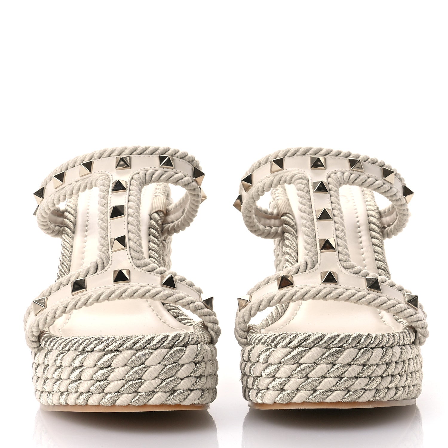 Valentino Garavani Calfskin Rockstud Torchon Espadrille Caged 25/95mm Wedge Sandals 38 Light Ivory 3 of 7