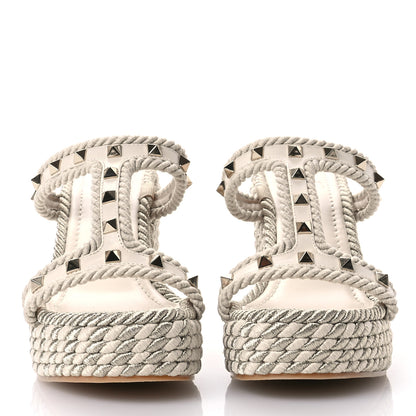 Valentino Garavani Calfskin Rockstud Torchon Espadrille Caged 25/95mm Wedge Sandals 38 Light Ivory 3 of 7