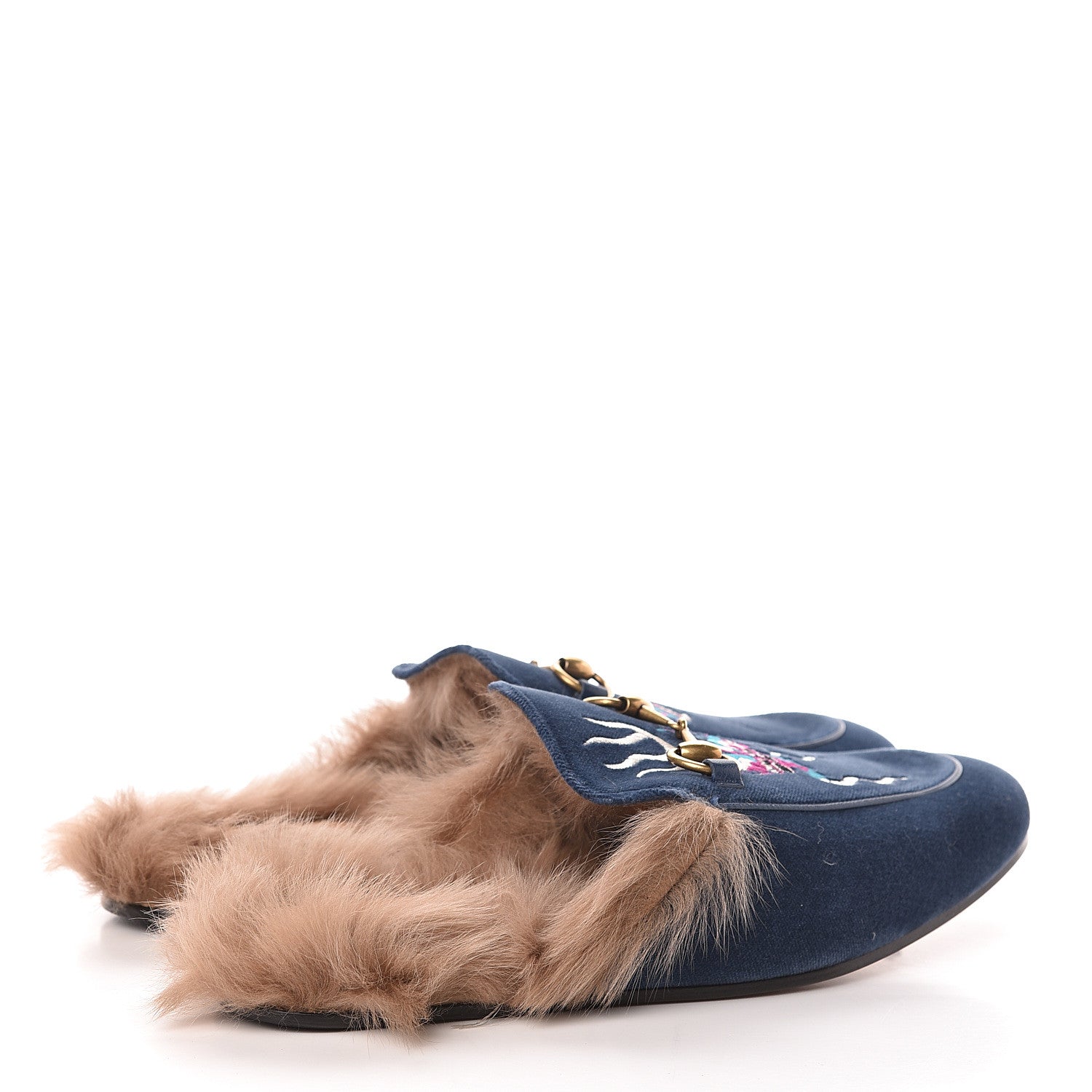 Gucci Velvet Fur Dragon Embroidered Mens Princetown Slippers 8 Zaffre Dark Zaffre 4 of 11