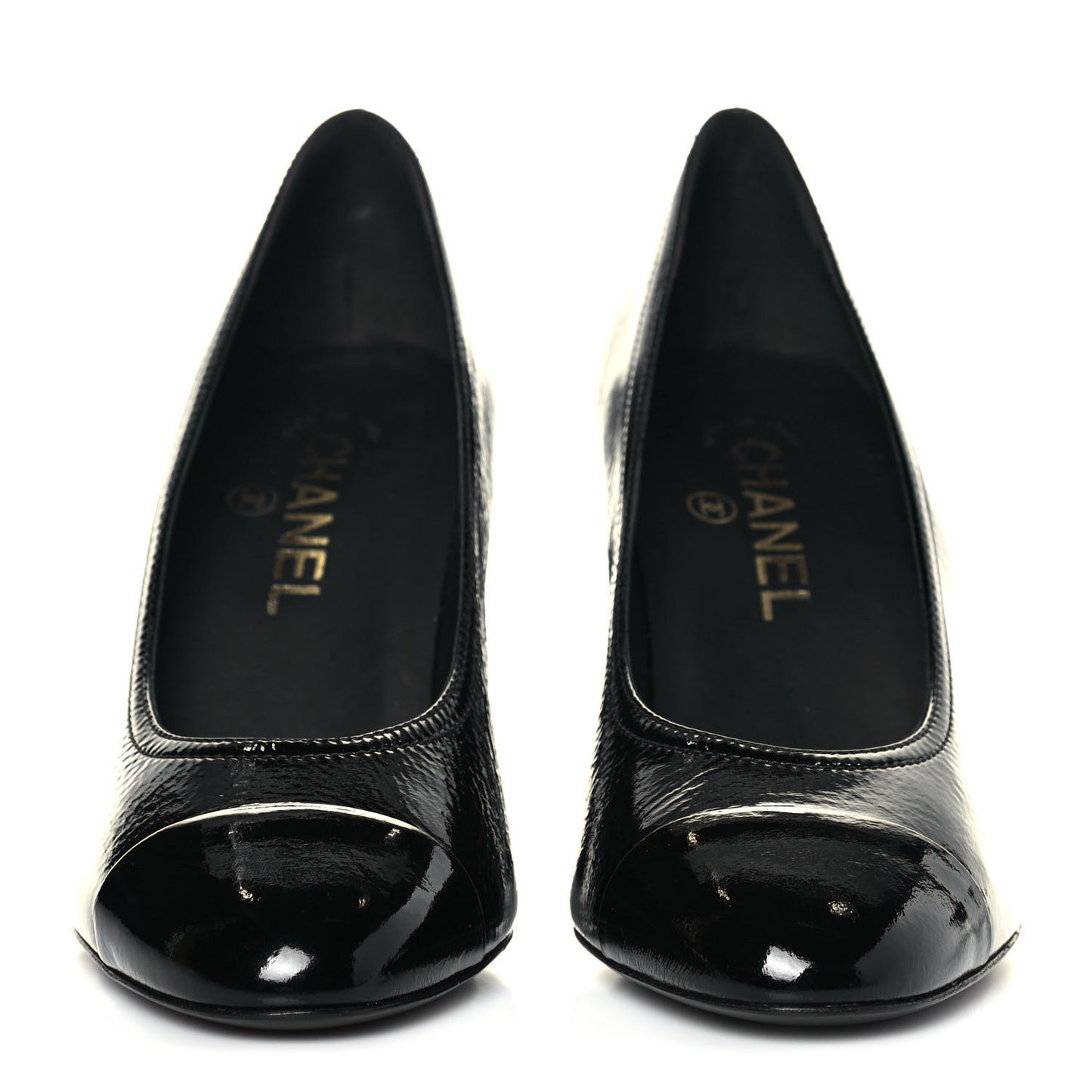 Patent Calfskin Crystal Cap Toe Logo Pumps 38 Black