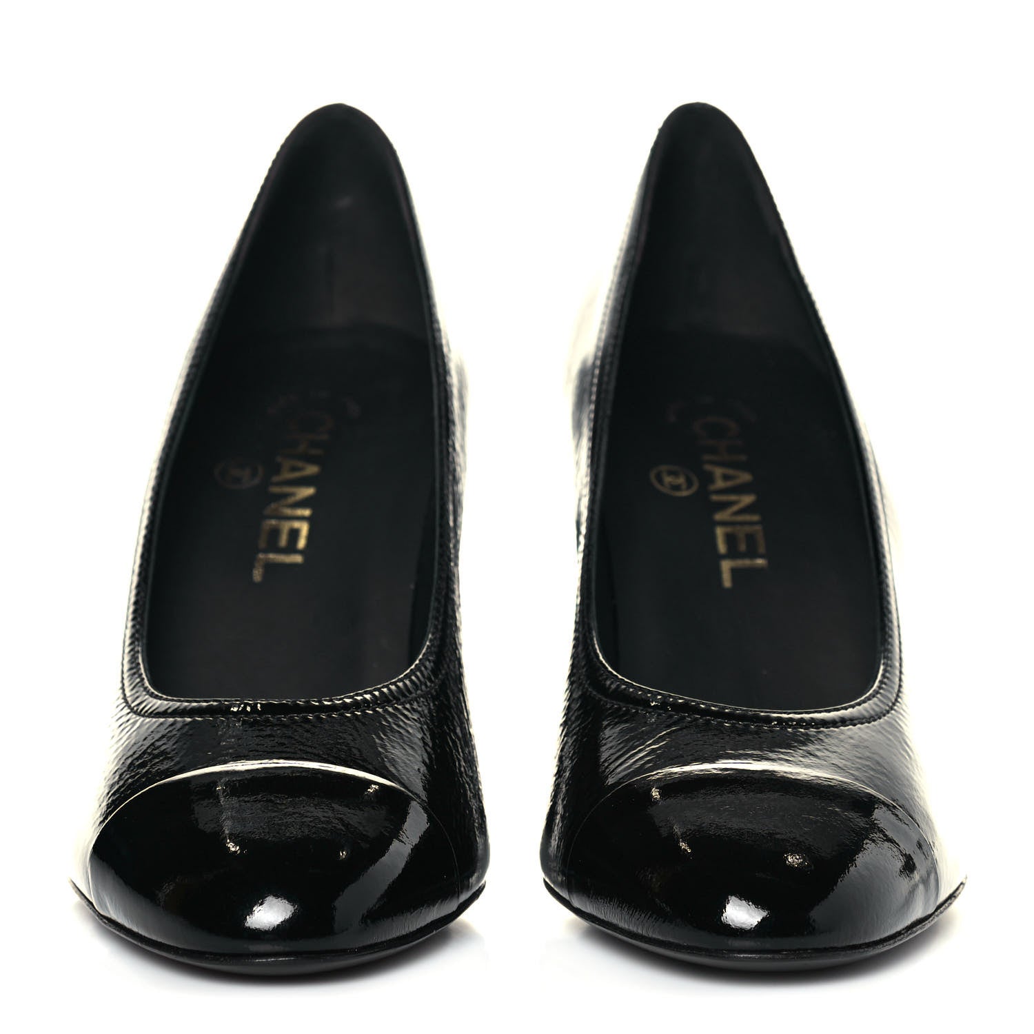 Chanel Patent Calfskin Crystal Cap Toe Logo Pumps 38 Black 2 of 11