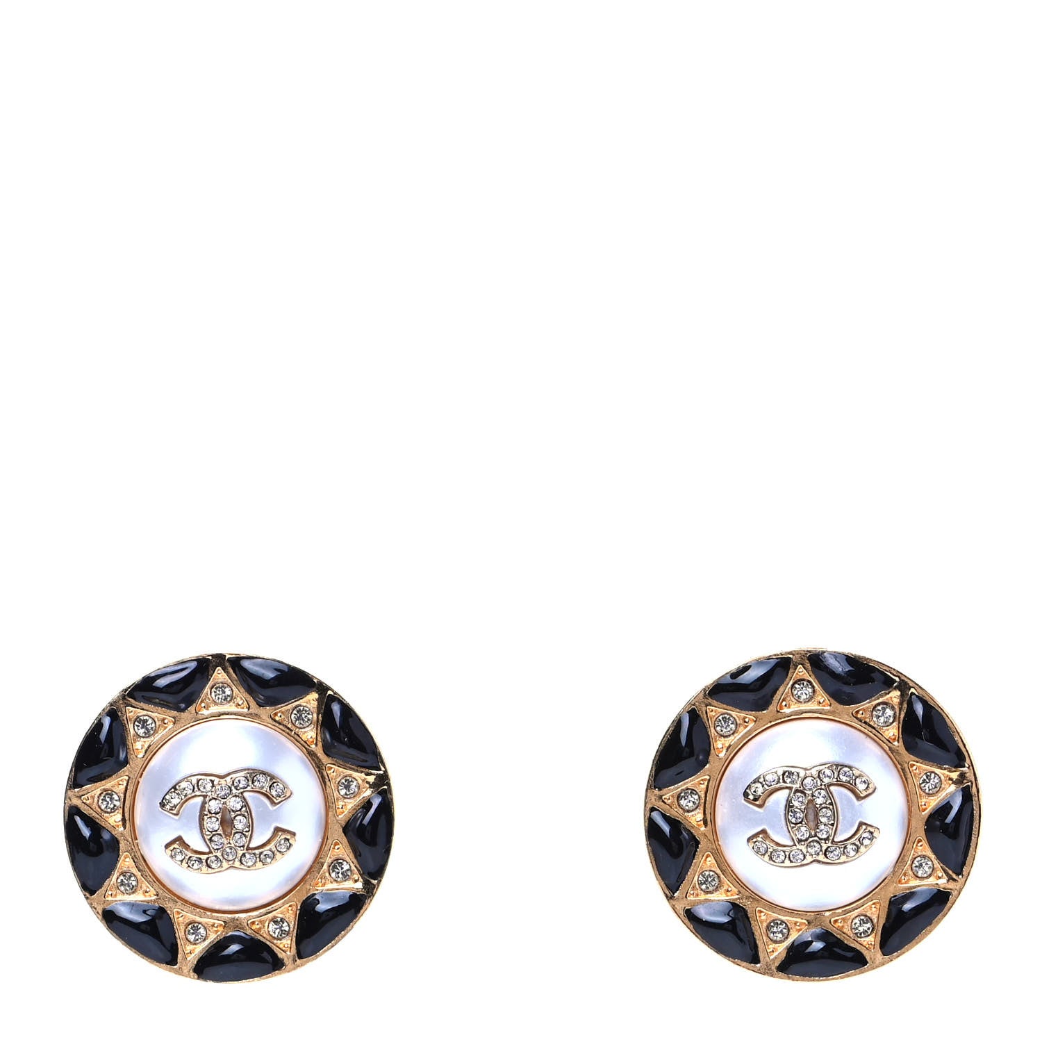 Chanel Pearl Crystal CC Round Earrings Gold Black 1 of 4